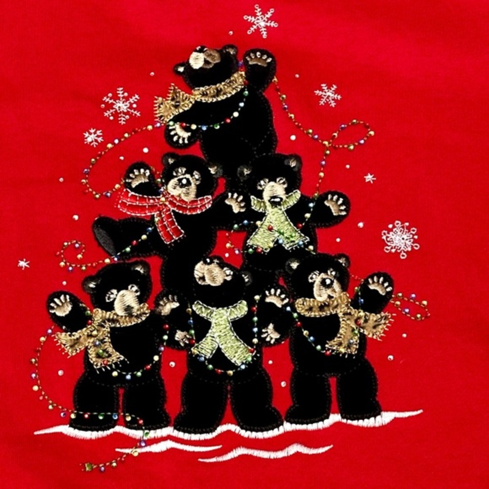 Merry Christmas Tree Embroidered Appliqué Santa Bears Women Sz L Red Sweatshirt